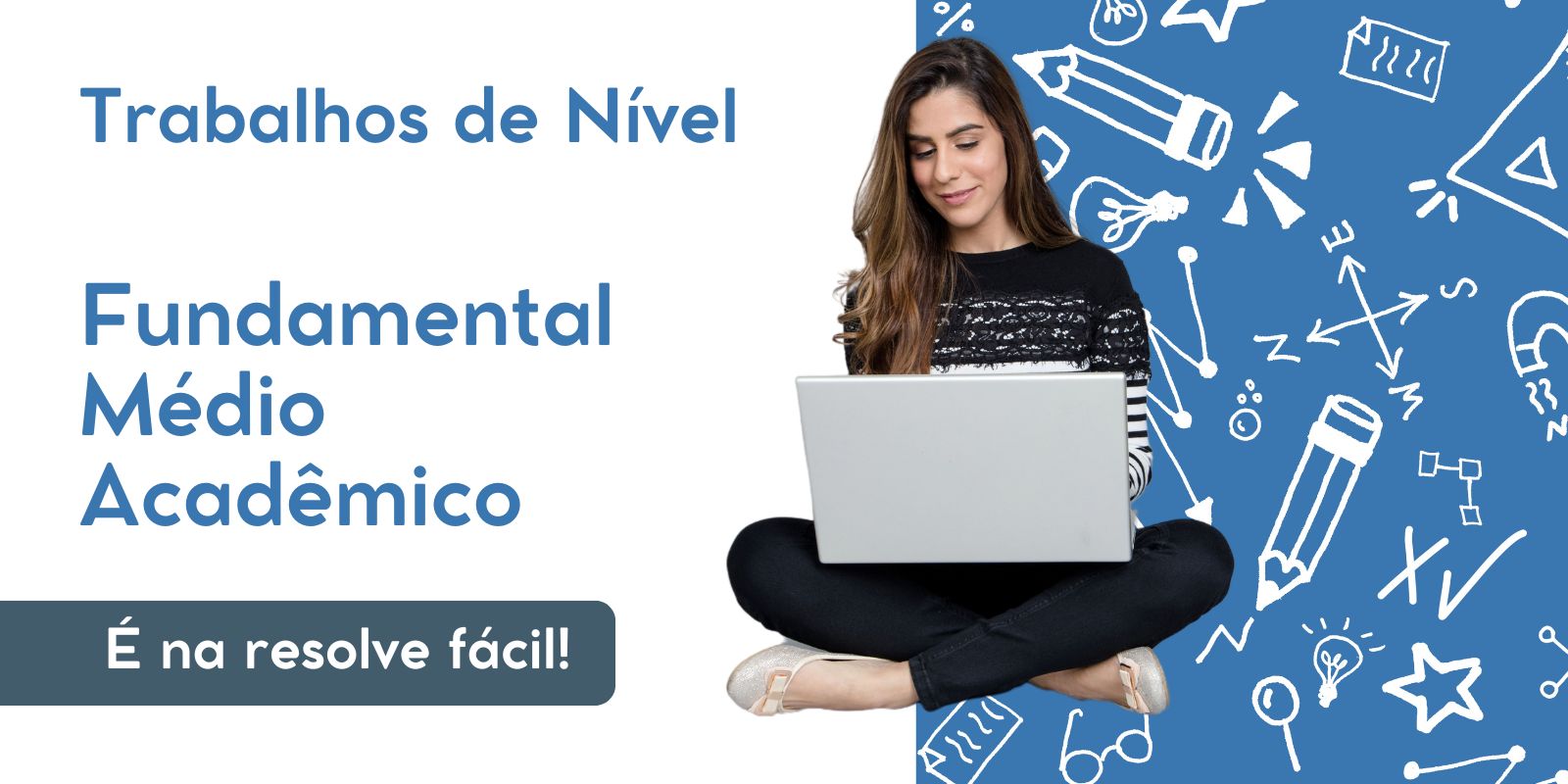 Mulher digitando no notebook com texto de trabalho escolar